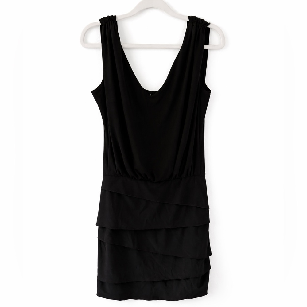 B. Smart Black Cowl Neck Mini Dress Small Layered Ruffle Going Out Chic